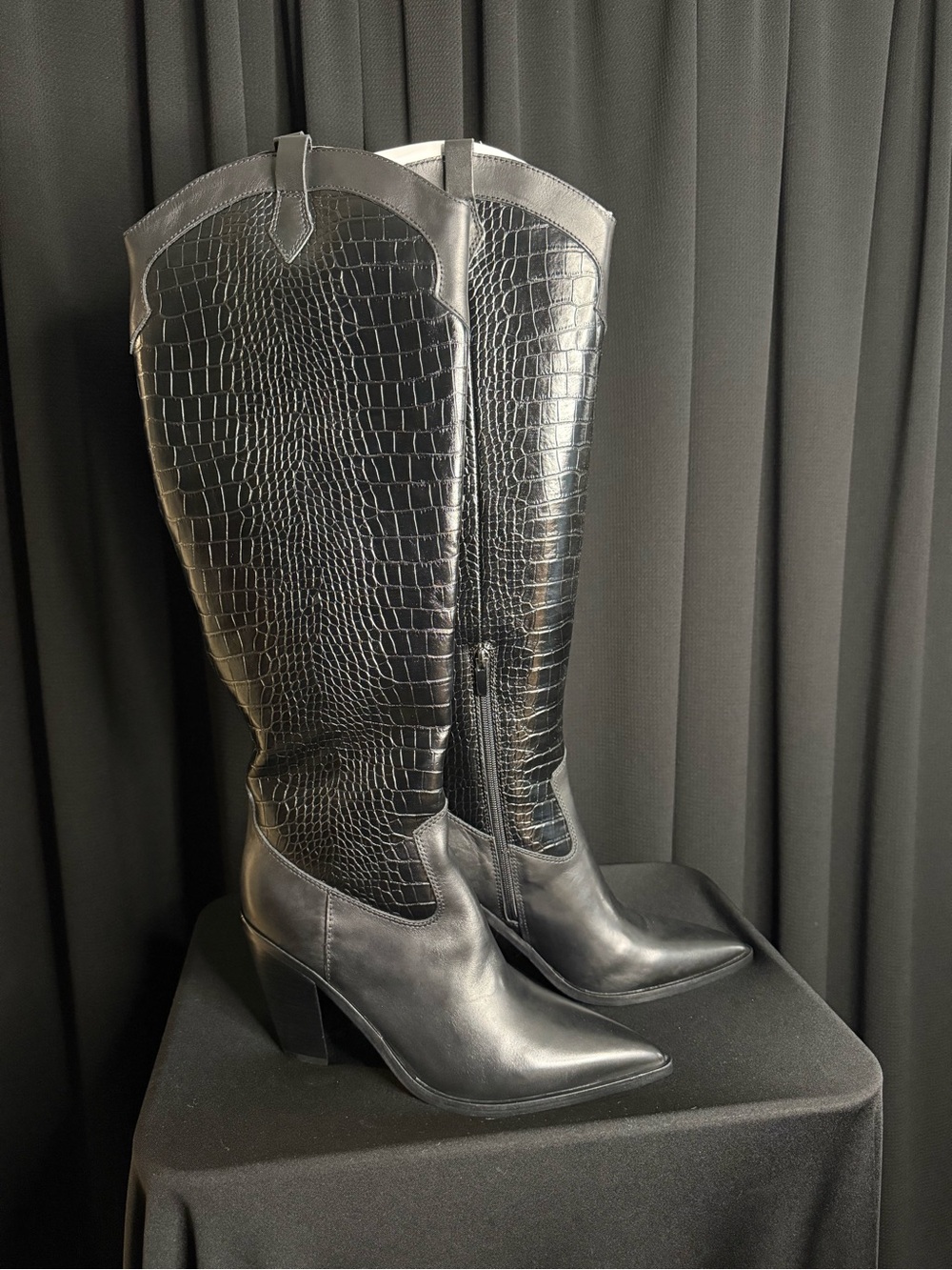 Nine West Black Croc-Embossed Knee Boots with Block Heel